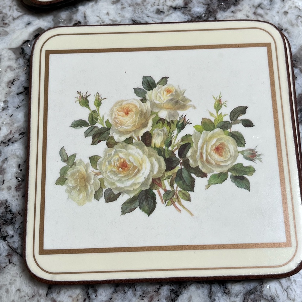 Vintage Pimpernel Coasters English Rose Motif Moisture Proof Cork Back Set of 5 - Picture 11 of 16